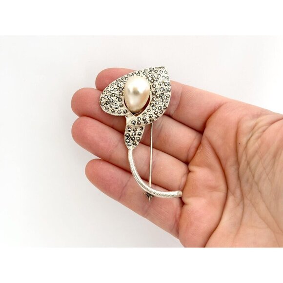 Calla Lily Art Nouveau Marcasite Sterling Vintage Faux Pearl Vintage Brooch - Picture 10 of 10